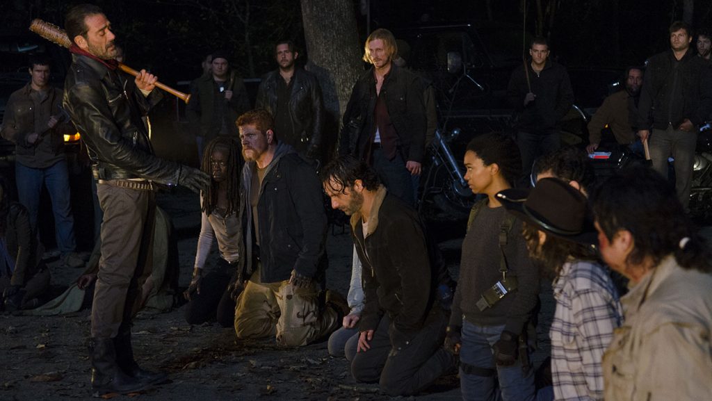 Danai Gurira as Michonne; Michael Cudlitz as Sgt Abraham Ford; Lauren Cohan as Maggie Greene; Andrew Lincoln as Rick Grimes; Sonequa Martin-Green as Sasha; Jeffrey Dean Morgan as Negan Chandler Riggs as Carl Grimes; Josh McDermitt as Dr Eugene Porter - The Walking Dead _ Season 6, Episode 16 - Photo Credit: Gene Page/AMC