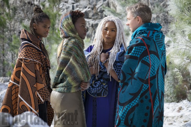 Marvel Studios' BLACK PANTHER L to R: Shuri (Letitia Wright), Nakia (Lupita Nyong'o), Ramonda (Angela Bassett) and Everett K. Ross (Martin Freeman) Credit: Matt Kennedy/©Marvel Studios 2018