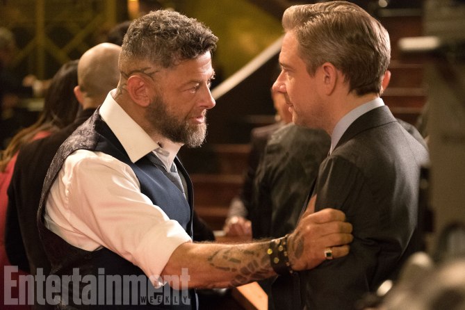 Marvel Studios' BLACK PANTHER L to R: Ulysses Klaue (Andy Serkis) and Everett K. Ross (Martin Freeman) Credit: Matt Kennedy/©Marvel Studios 2018