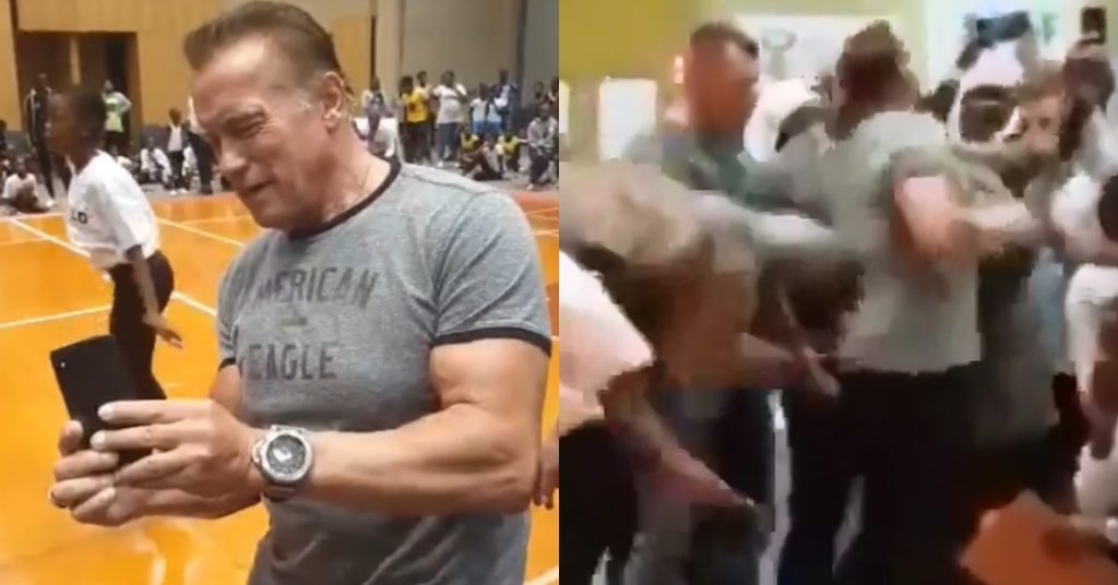 Arnold Schwarzenegger leva voadora durante evento na África do Sul; veja vídeo