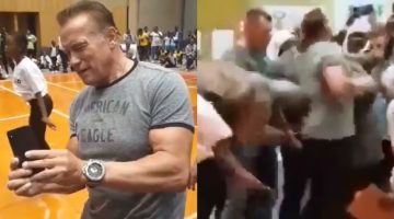Arnold Schwarzenegger leva voadora durante evento na África do Sul; veja vídeo