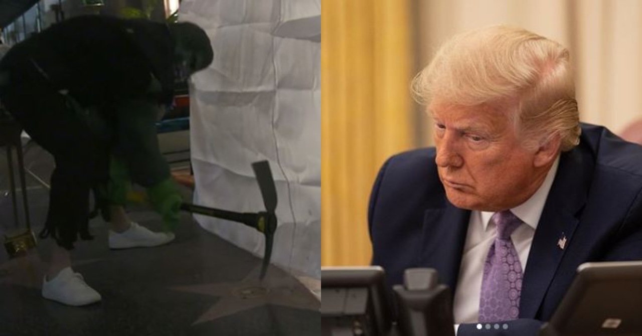 Homem vestido de Hulk destrói estrela de Donald Trump na Calçada da Fama de Hollywood