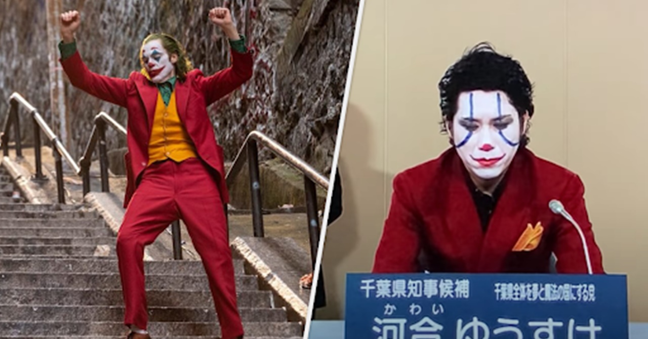 Um homem fantasiado de Coringa está tentando se eleger prefeito no Japão