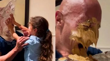Vídeo: The Rock sofre pegadinha e leva torta na cara da filha pequena