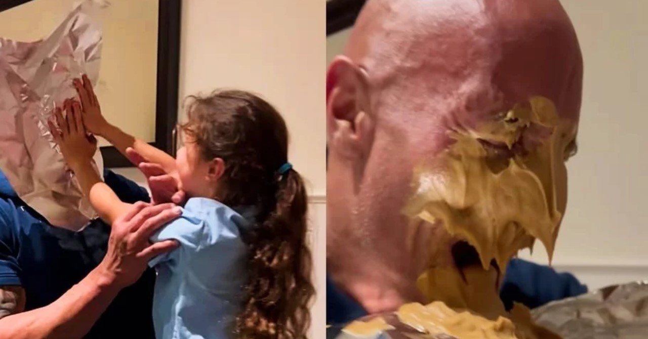 Vídeo: The Rock sofre pegadinha e leva torta na cara da filha pequena