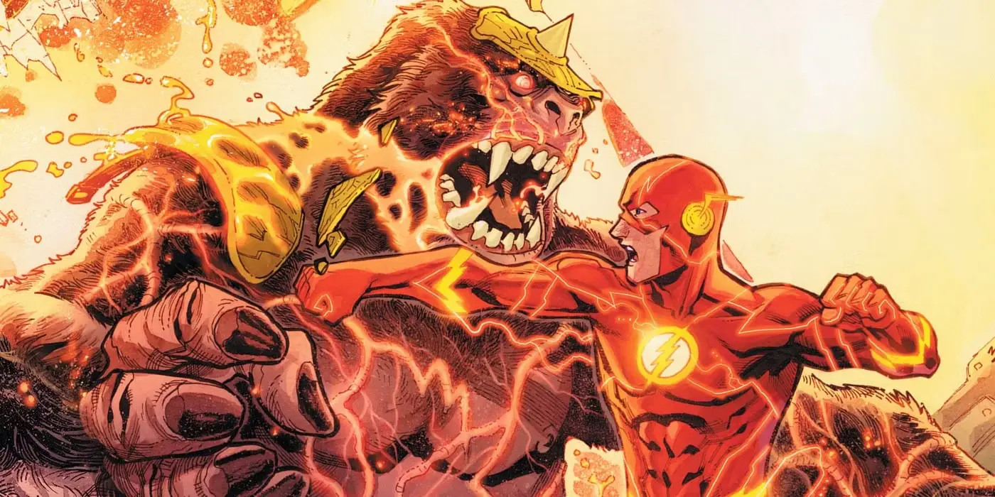 Jimmy Olsen com expressão séria, no estilo noir, investigando algo sombrio, possivelmente com Gorilla Grodd ao fundo