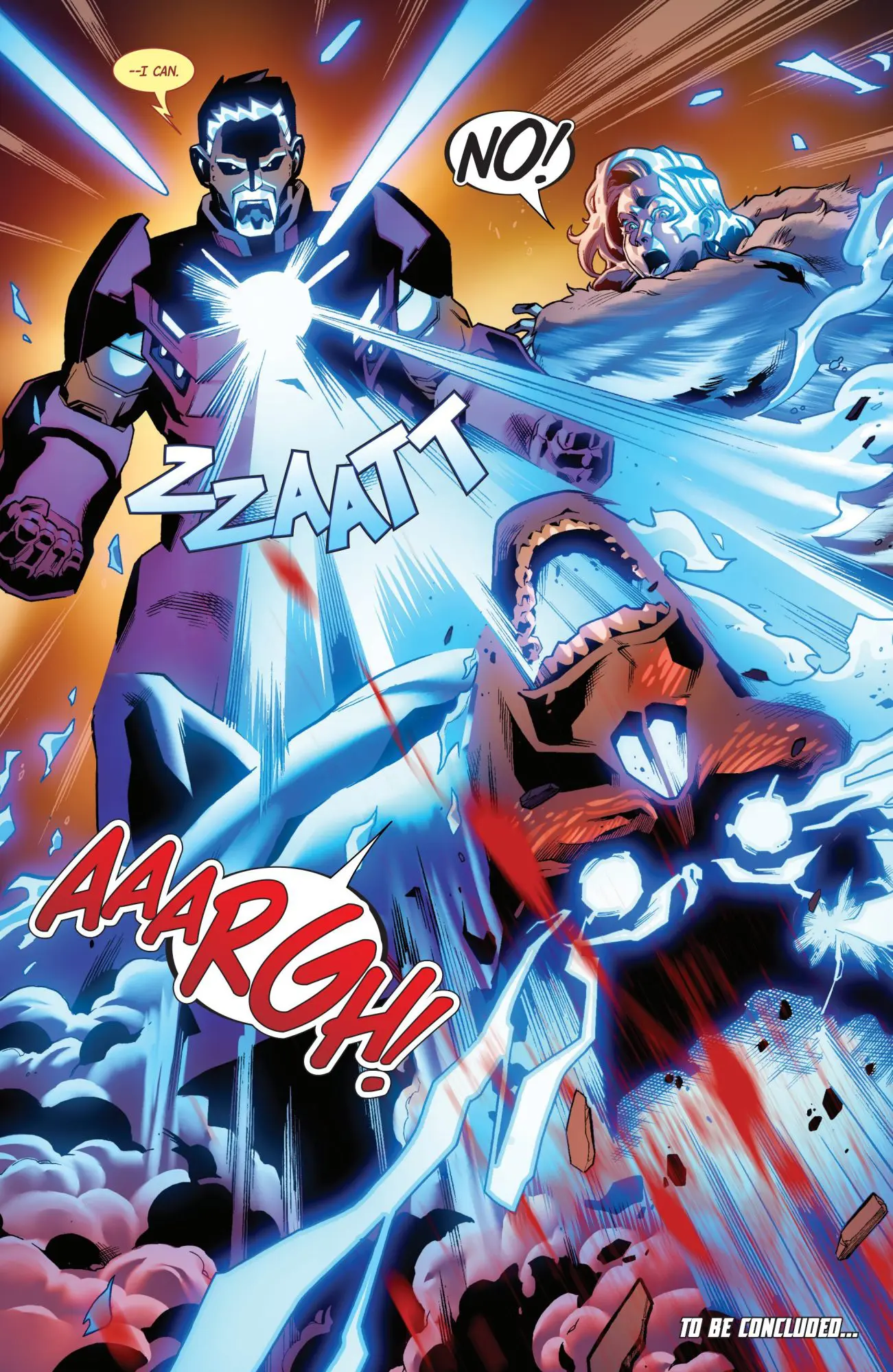 O Rei de Ferro em ação, com sua armadura simbionte escura e olhos brilhantes, demonstrando seus poderes.