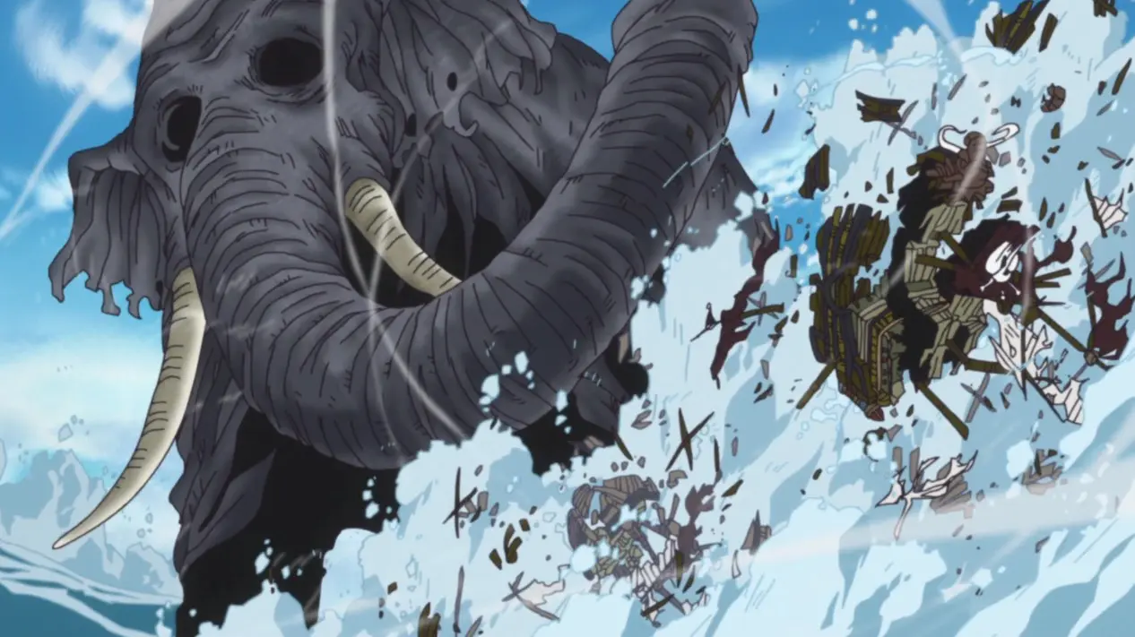 Zunesha, o elefante gigante de One Piece, caminhando pelos mares com a ilha de Zou em suas costas.
