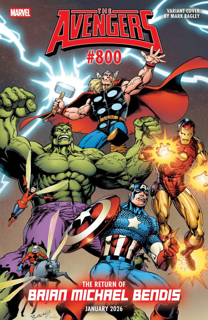 Capa de Vingadores 800, com o time original formado pro Hulk, Homem-Formiga, Vespa, Thor, Capitão América e Homem de Ferro.