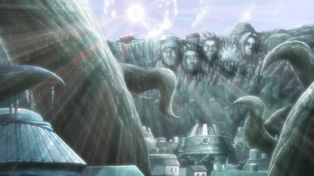 Konoha iluminada pelo mugen tsukuyomi e as raízes gigantes