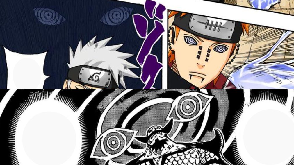 Acima, olhos do Pain sobre o Kakashi. Abaixo, olhos do Imu sobre Harald.