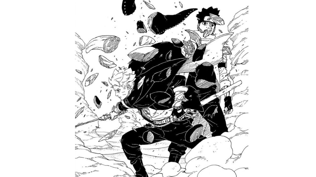 Boruto após cortar a matsuri com konohamaru sem conseguir acompanhar ao fundo