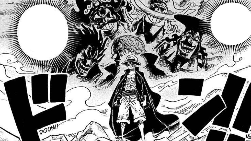 Luffy no meio de figuras como Barba Branca, Roger e Oden