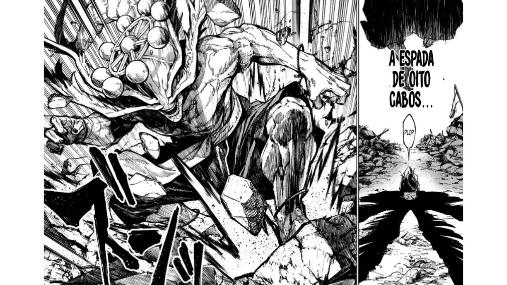 Mahoraga sendo invocado por Yuuka enquanto ela adentra na sombra dele