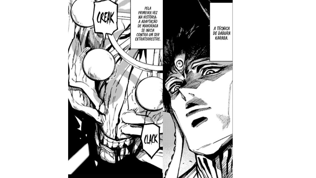 Mahoraga e Dabura em seu confronto. Mahoraga quebra a luz com sua boca