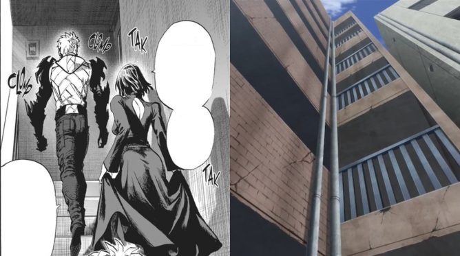 Comparativo entre a cena do Genos e Fubuki no mangá e no anime