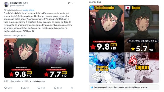 No lado esquerdo, o fã japonês criticando ocidentais. Na direita, a fake news criada sobre o Japão.