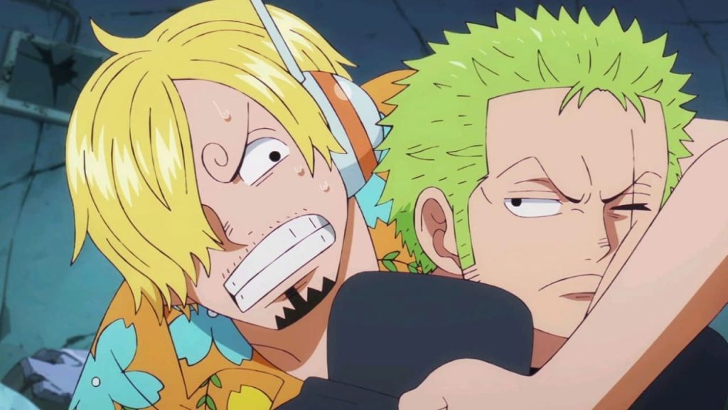 Sanji dando uma chave de braço no Zoro