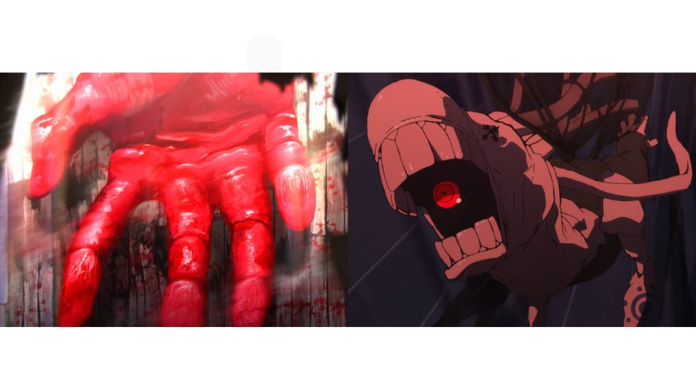 À esquerda a mão vermelha simbolizando a culpa. Na direita o monstro parecido com o 10-caudas.