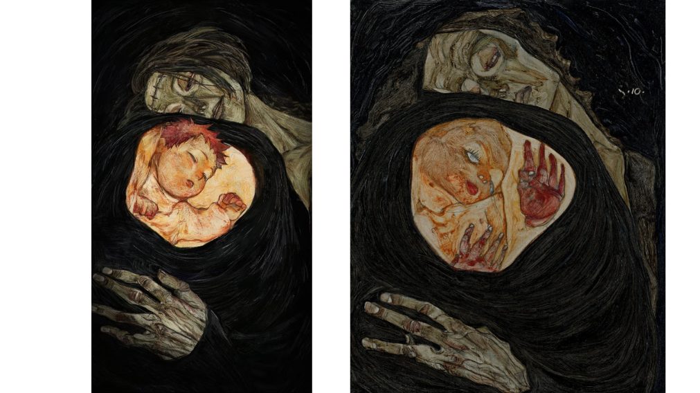 Na direita a pintura "Mãe Morta" de Egon Schiele e a esquerda sua referência no anime