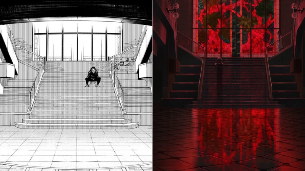 Itadori desolado, sentado. Imagem do mangá ao lado do anime.