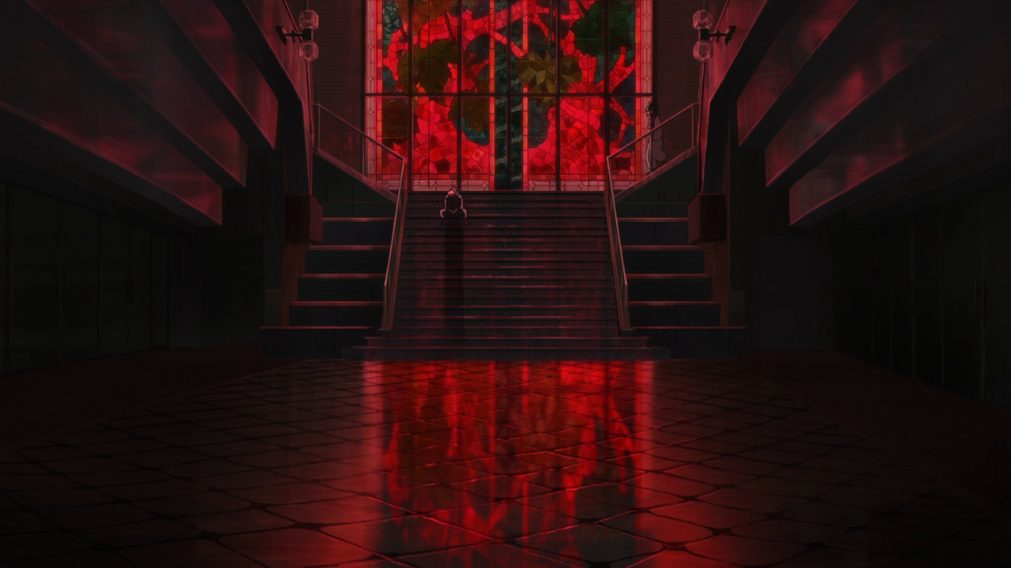 Itadori desolado, sozinho debaixo de um vitral vermelho