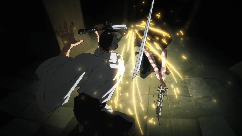 Maki quebrando a espada do pai