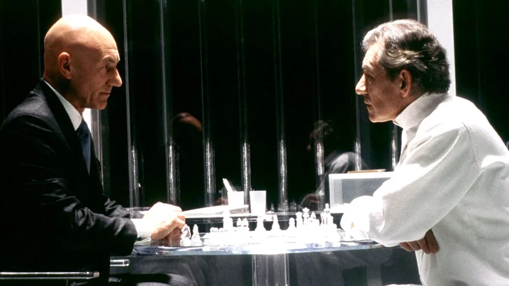 Professor X e Magneto jogando xadrez