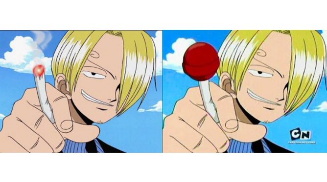 Cena do Sanji censurada. Cigarro trocado por pirulito 