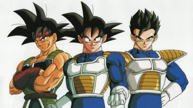Bardock, Goku e Gohan com armaduras saiayjins