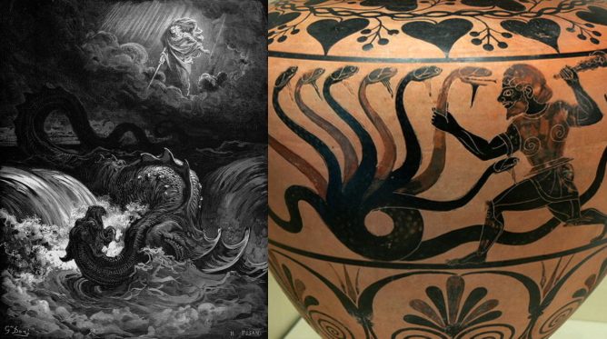 Ilustração de Deus e o Leviatã  por Gustav Doré e uma cerâmica grega retratando a batalha contra Hidra