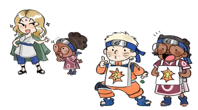 Milena, Ana Paula e Juliano representados por personagens de Naruto