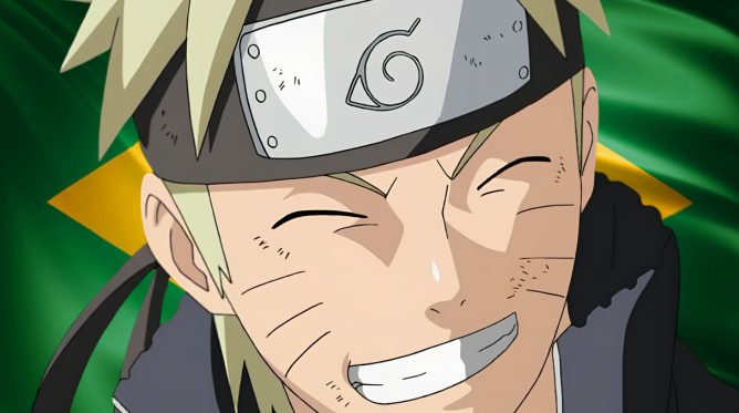 Naruto com a bandeira do brasil ao fundo