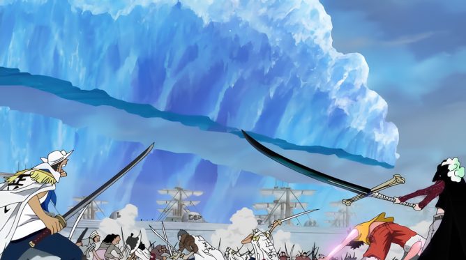 mihawk cortando onda congelada one piece